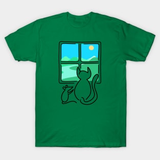 Cat and Mouse Window View BLACK OUTLINE T-Shirt